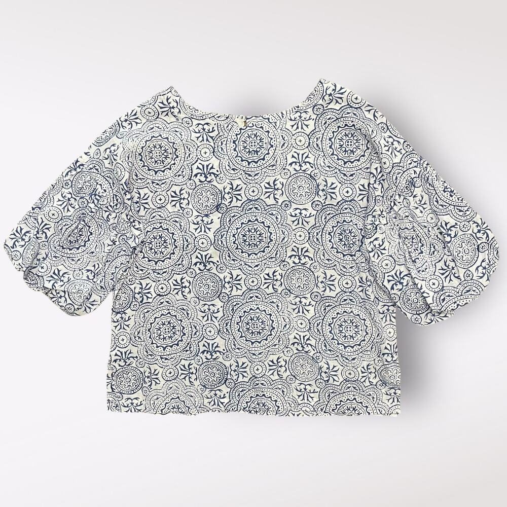 Fitzroy & Willa Mary Beth Puff Sleeve Top Blue White Size S